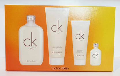 Calvin Klein 4 pieces gift set CK One 200ml EDT Spray / 200ml Skin Moisturizer / 100ml Body Wash / 15ml EDT Spray