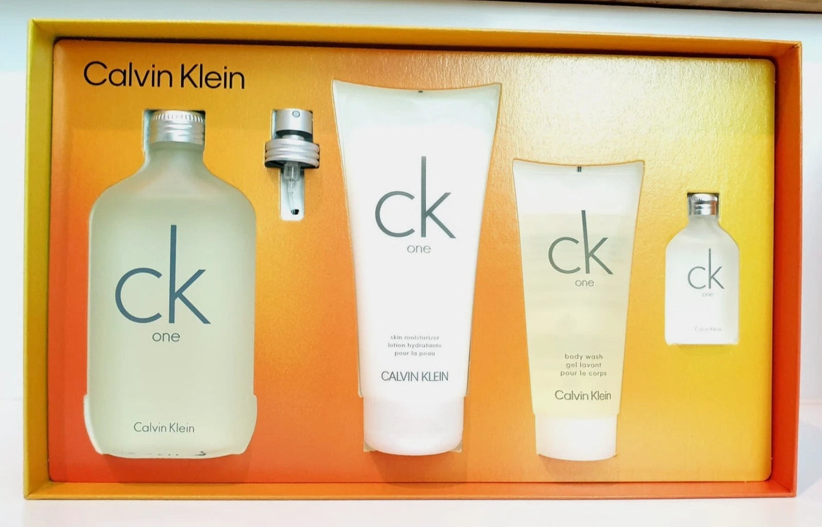 Calvin Klein 4 pieces gift set CK One 200ml EDT Spray / 200ml Skin Moisturizer / 100ml Body Wash / 15ml EDT Spray