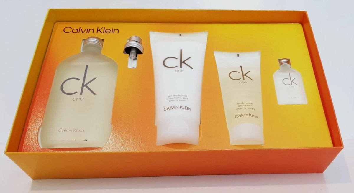 Calvin Klein 4 pieces gift set CK One 200ml EDT Spray / 200ml Skin Moisturizer / 100ml Body Wash / 15ml EDT Spray