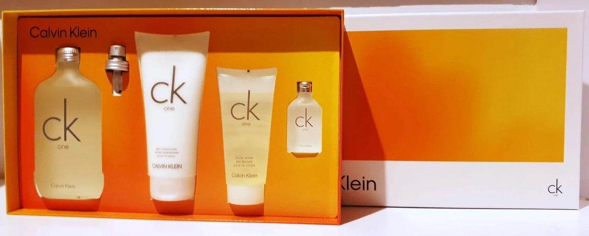 Calvin Klein CK One Unisex Gift Set 200ml EDT Spray / 200ml Skin Moisturizer / 100ml Body Wash / 15ml EDT Spray